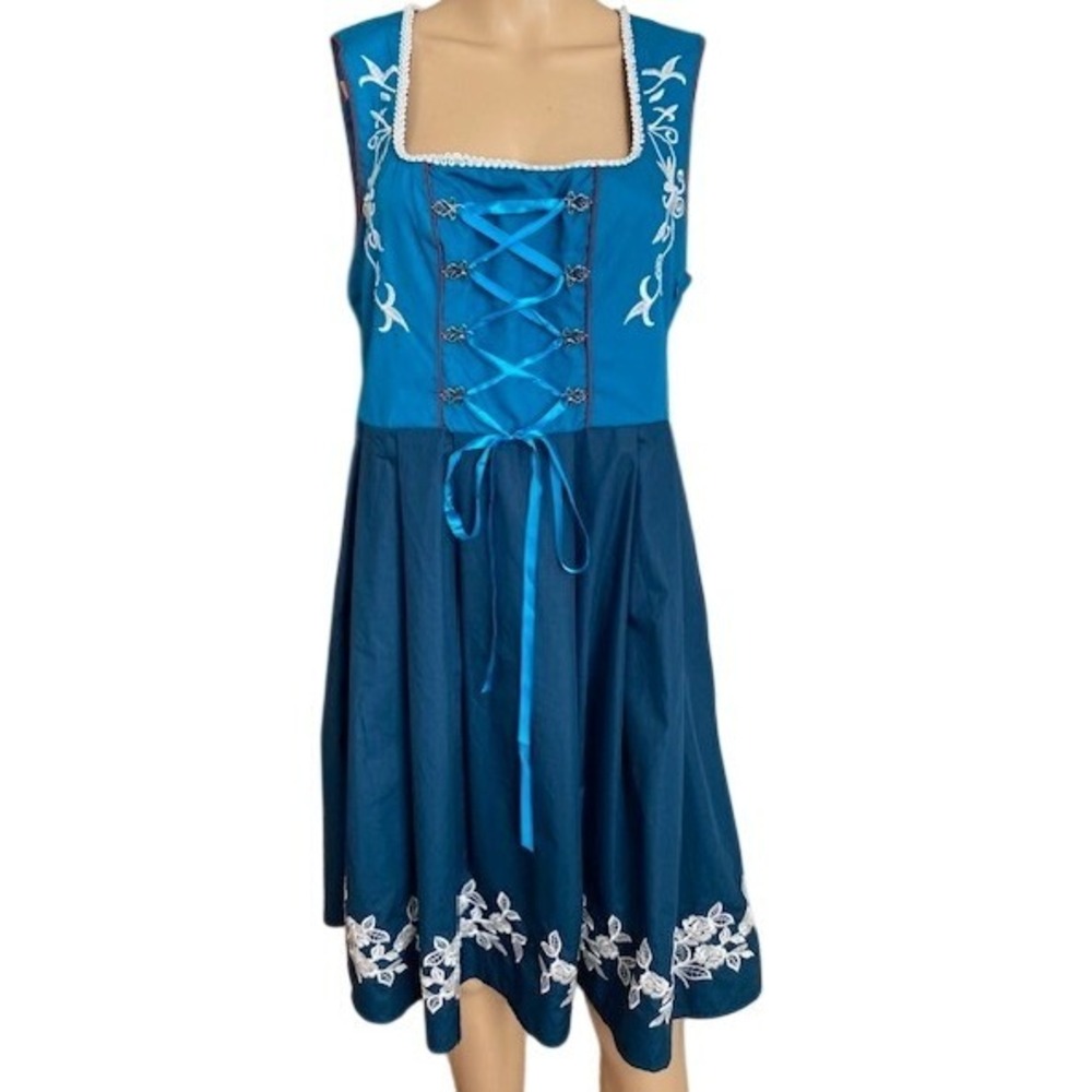 Jasambac Blue Teal Lace Up Embroidered Dress Dirndl Oktoberfest Style